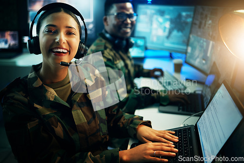 Image of Military control room, laptop and portrait of woman in headset, smile and tech communication. Security, global surveillance and happy soldier at computer in army office at government command center.