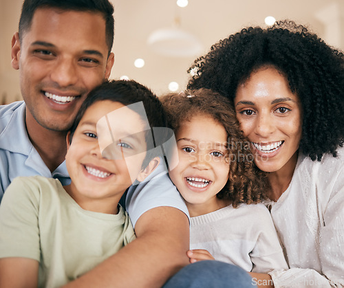 Image of Happy family, parents and portrait of kids in home for bonding, healthy relationship and relax. Interracial, face and mother, father and children hug, embrace and cuddle for trust, support and love