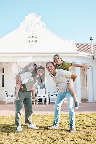 Image of Happy family, real estate and piggyback on grass by new home, property or apartment on outdoor lawn. Mother, father and children smile in happiness for bonding, investment or holiday weekend at house