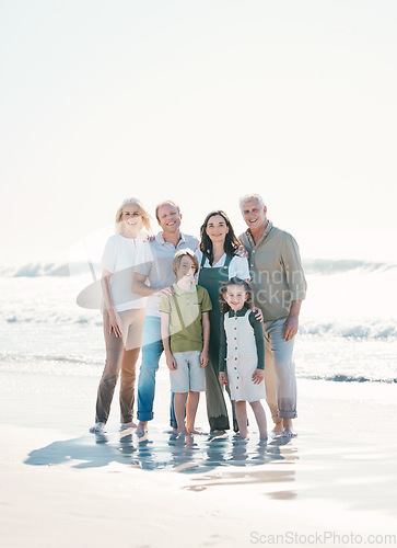 Image of Happy, beach and portrait of family generations together on vacation, holiday or tropical weekend trip. Smile, travel and children with parents and grandparents bonding by the ocean in Australia.