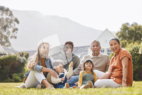 Image of Big family, portrait or children in nature to relax with grandparents on holiday vacation at home. Dad, picnic or happy kids bonding with mom, grandmother or grandfather on grass or garden together