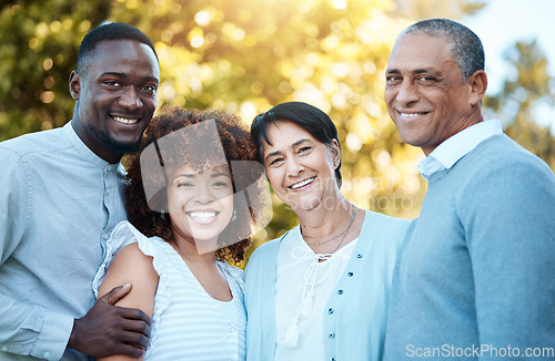 Image of Nature, portrait and people with senior parents in an outdoor park for bonding together. Happy, smile and young man and woman with elderly mom and dad in retirement in green garden for fresh air.