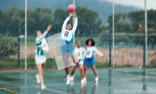 Image of Sports, team and netball with woman jump for ball, competition and athlete playing game, court challenge or active match. Motion blur, action and group workout, exercise and player training together