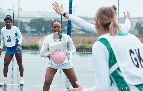 Image of Netball, sports and team with ball and women in community competition, practice and play outdoor game. Fitness, collaboration or group workout, player tournament or athlete training on court