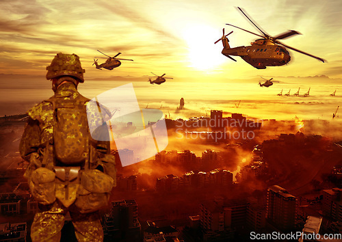 Image of Combat, military and soldier with fire in explosion for service, army duty and battle in camouflage. Apocalypse, bombs and back of man with helicopter for armed forces, defense and warfare conflict