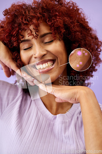 Image of Skincare, closeup overlay and face of woman in studio for wellness, beauty or facial care on purple background. Dermatology mockup, spa and happy person with cosmetics hologram for anti aging wrinkle