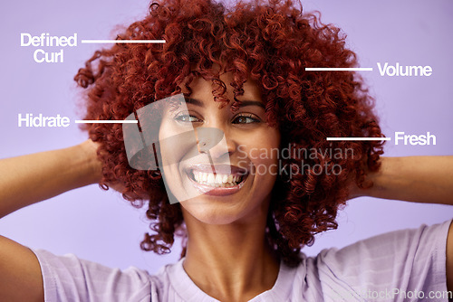 Image of Hair, overlay and woman with labels in studio for wellness, haircare and keratin treatment benefits. Beauty salon, mockup and face of person on purple background for volume, curls and hairdresser