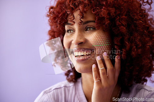 Image of Skincare analysis, hologram and face of woman in studio for anti aging wellness, beauty and facial care. Dermatology mockup, spa and happy person on purple background with scan overlay for cosmetics