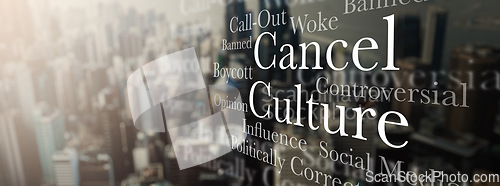 Image of Cancel culture, words in city and social media opinion, silence freedom of speech and message. Text, censorship and mockup with overlay, call out or banner internet for online bullying in society