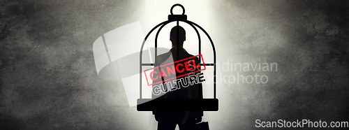 Image of Cancel culture, overlay and cage on silhouette of person for bias, political controversy or criticism. Mockup, business and shadow of worker for professional society problem, banner or censorship