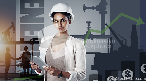 Image of Construction, tablet and portrait of woman with overlay for maintenance, building and logistics planning. Engineering business, architecture and person with helmet on digital tech for growth strategy