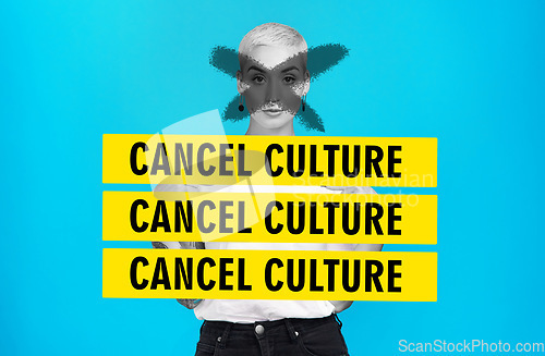 Image of Cancel culture, woman and text overlay with graphic and sign for toxic and banned in studio. Blue background, cross and yellow banner with public shame and accountability or protest portrait