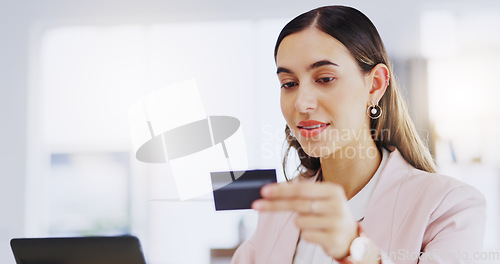 Image of Credit card, smile and business woman with laptop in office for online shopping, digital banking or payment. Computer, ecommerce and female professional on internet for sales, finance and fintech.