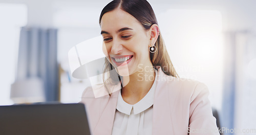 Image of Laptop, smile and business woman in office, working on email or planning project. Computer, happiness and female professional typing, online browsing and reading research info in company workplace.