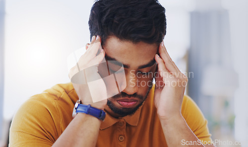 Image of Stress, sick and business man with headache, tired or exhausted with fatigue in workplace. Mental health, migraine and depressed male professional with anxiety, burnout or pain, brain fog or problem.