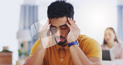 Image of Stress, sick and business man with headache, tired or exhausted with fatigue in workplace. Mental health, migraine and depressed male professional with anxiety, burnout or pain, brain fog or problem.