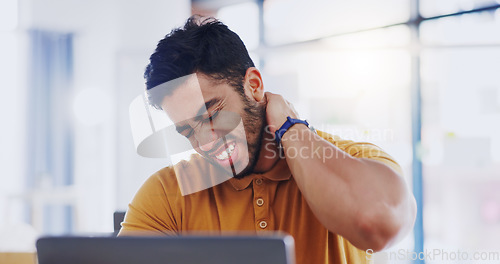 Image of Laptop, neck pain and business man with injury in office workplace while working alone. Spine problem, arthritis and professional person with fibromyalgia, scoliosis or burnout, tired or backache.