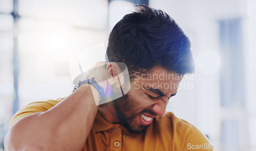 Image of Laptop, neck pain and business man with injury in office workplace while working alone. Spine problem, arthritis and professional person with fibromyalgia, scoliosis or burnout, tired or backache.