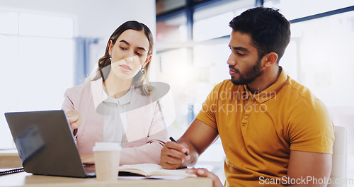 Image of Business, collaboration and employees planning, meeting and explain process, system and share ideas in office. Staff, man and woman brainstorming, conversation and discussion with report and feedback