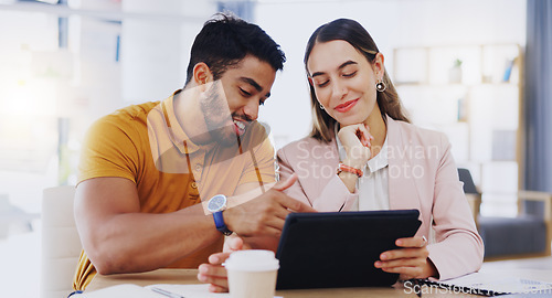 Image of Business, staff and employees with a tablet, planning and conversation in workplace. Partnership, man and woman with technology, research and discussion with collaboration, share ideas and talking