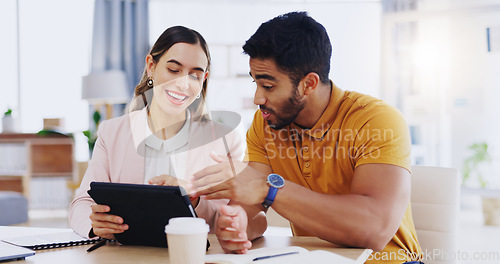 Image of Collaboration, smile and employees with a tablet, online reading and planning for project in the office. Partners, man or woman with technology, conversation or brainstorming with ideas or discussion