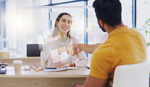 Image of Laughing, business people and handshake for partnership, deal or introduction in workplace. Funny, man and woman shaking hands for agreement, b2b or onboarding, congratulations or welcome to company.