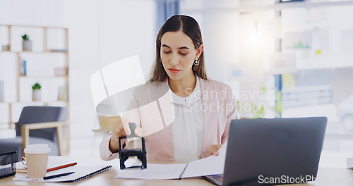 Image of Business hands, stamping and certifying documents in office, copywriting and project goals at desk. Professional worker, writer or editor with notes, brainstorming or job reminder in journal