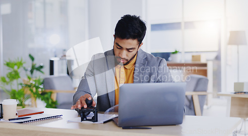 Image of Business hands, stamping and certifying documents in office, copywriting and project goals at desk. Professional worker, writer or editor with notes, brainstorming or job reminder in journal