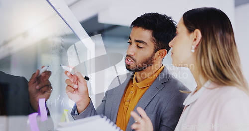 Image of Business people, teamwork and brainstorming at window for agenda, feedback notes or target process in office. Man, woman and employees planning project ideas, timeline strategy or schedule of mindmap