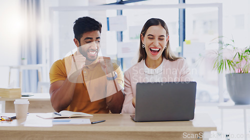 Image of Creative business people, laptop and high five for winning, success or planning together in teamwork at office. Happy man and woman touching hands on touchscreen for team collaboration or achievement