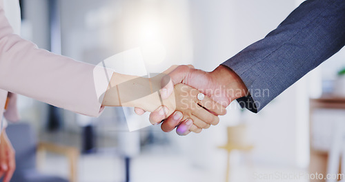 Image of Partnership, collaboration and handshake in office for business deal, agreement or introduction. Man, woman and shaking hands for congratulations, opportunity or b2b, hiring and welcome to company.