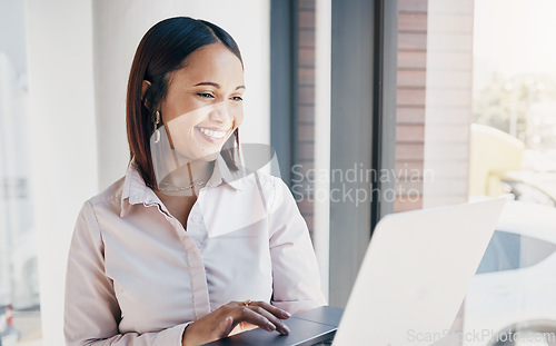 Image of Happy woman at office window thinking with laptop, research or ideas for HR schedule and online feedback. Internet, networking and website search, businesswoman with smile at human resources agency.