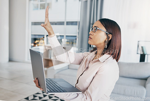 Image of Press, laptop and business woman in virtual metaverse for online presentation or video call with connection in remote work. Planning, internet and employee in home office working on strategy