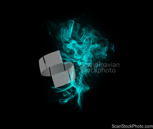 Image of Blue smoke, aura and cloud with gas fog, pattern and creative art with black background and magic effect. Steam, mystical swirl and mist and color of smoking with air, abstract creativity in studio