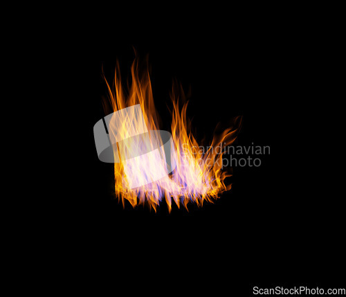 Image of Flame, heat and light on black wallpaper with texture, pattern and burning energy. Fire, fuel and color flare isolated on dark background design, orange explosion of thermal power and inferno glow.