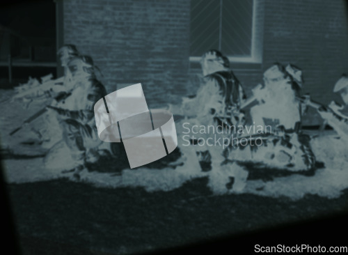 Image of Night vision, soldier group and war with team, secret service and government workers outdoor. Military, surveillance and scope with teamwork, security and army target with agent people together