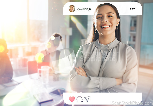 Image of Portrait, social media and arms crossed with a business woman on screen to like, share or comment on a post. Profile picture, status or update and a confident young employee on a display with space