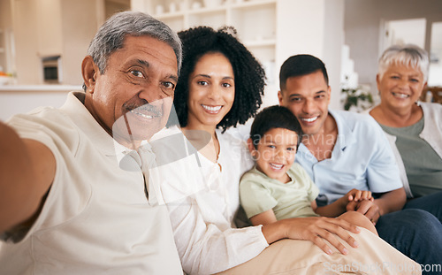 Image of Family, selfie and grandparents with a smile at home together with young child and mom. Bonding, sofa and happy father with young boy and senior people with photo for social media with kid on couch