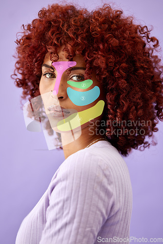 Image of Beauty, hologram and portrait of woman in studio for wellness, skincare and facial mapping. Dermatology mockup, spa and face of person on purple background with overlay for makeup and cosmetics