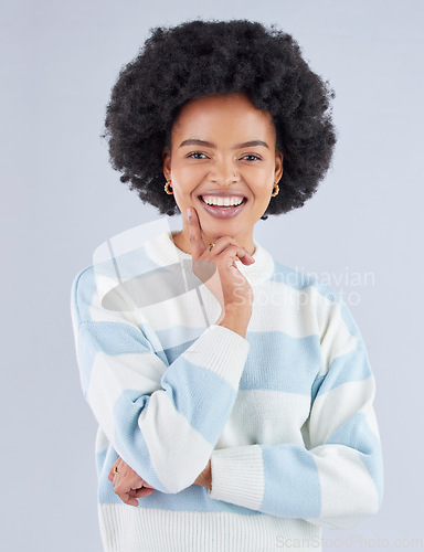 Image of Thinking, portrait and happy black woman in studio with choice, positive attitude and optimism on grey background. Idea, smile and face of African lady model with emoji expression for why or decision