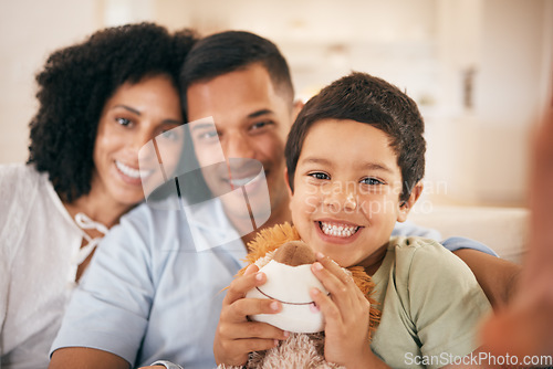 Image of Home, mother or kid with father in selfie to bond or relax in a happy family with parents or smile. Picture, photo portrait or dad by mom or child in house with trust, support or love on social media