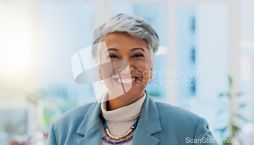 Image of Face, happy and senior business woman, CEO or executive director smile for startup company success, growth or development. Portrait, happiness and professional person, boss or manager of design firm