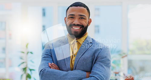 Image of Face, arms crossed and happy business man, confident designer or creative agent smile for startup company success. Job portrait, mindset or professional person, consultant or manager of design agency