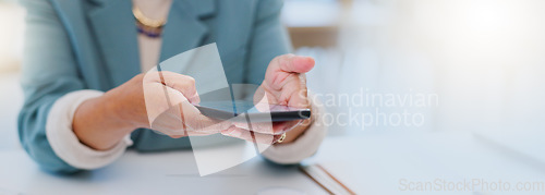 Image of Office, cellphone and professional person hands typing online feedback, mobile search or review social network app. Closeup, smartphone communication or business consultant check email, blog or text