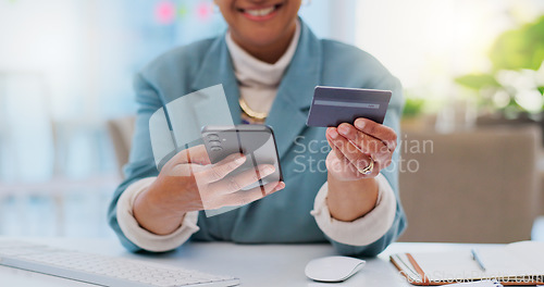 Image of Credit card, fintech and phone with hands of woman in office for payment, online shopping an investment. Ecommerce, savings and banking app with closeup of employee for business, website and finance