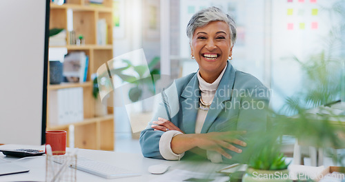 Image of Pride, happy and senior professional woman, business leader or executive director smile for entrepreneurship. Portrait, startup and elderly business person, boss or manager happiness for online brand