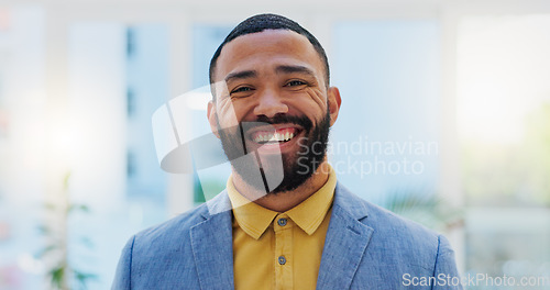 Image of Face, happy and office business man, designer or creative agent smile for startup company success, growth or brand. Portrait, happiness and professional person, consultant or employee of design firm