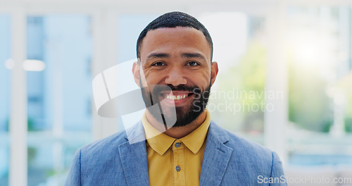 Image of Face, happy and office business man, designer or creative agent smile for startup company success, growth or brand. Portrait, happiness and professional person, consultant or employee of design firm