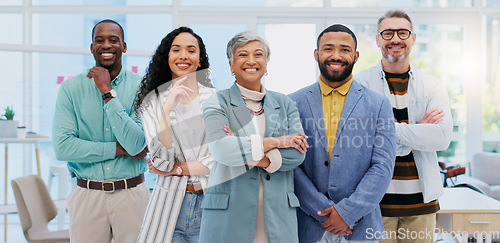 Image of Happy creative group, team and confidence in leadership, management or about us at the office. Portrait of confident employee people with smile standing together in teamwork for startup at workplace