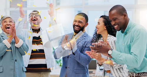 Image of Creative people, applause and confetti in celebration for winning, team achievement or unity at office. Group of happy employees clapping in success for teamwork, promotion or startup at workplace